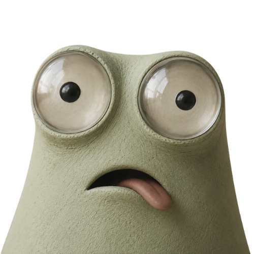 Remy, a green clay creature with big googly eyes and his tongue out